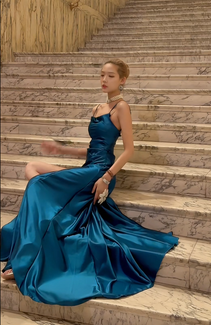 Sexy Teal Sheath Long Prom Dresses Satin Sapghetti Straps Evening Dresses Sleeveless Formal Dresses EP06033