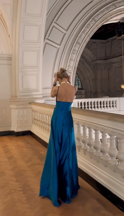 Sexy Teal Sheath Long Prom Dresses Satin Sapghetti Straps Evening Dresses Sleeveless Formal Dresses EP06033