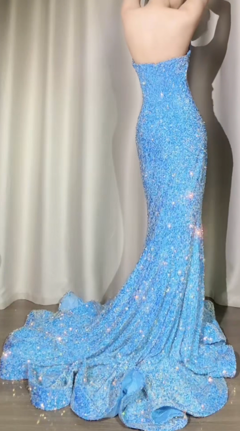 Sexy Blue Mermaid Long Prom Dresses Sequins Sweetheart Evening Dresses Sleeveless Formal Dresses EP06034