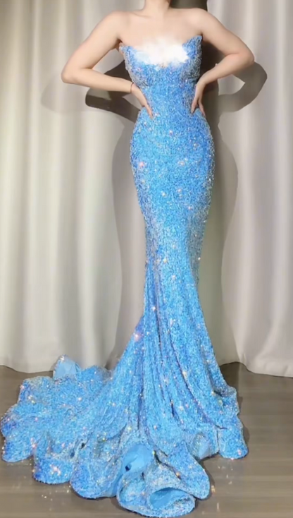 Sexy Blue Mermaid Long Prom Dresses Sequins Sweetheart Evening Dresses Sleeveless Formal Dresses EP06034