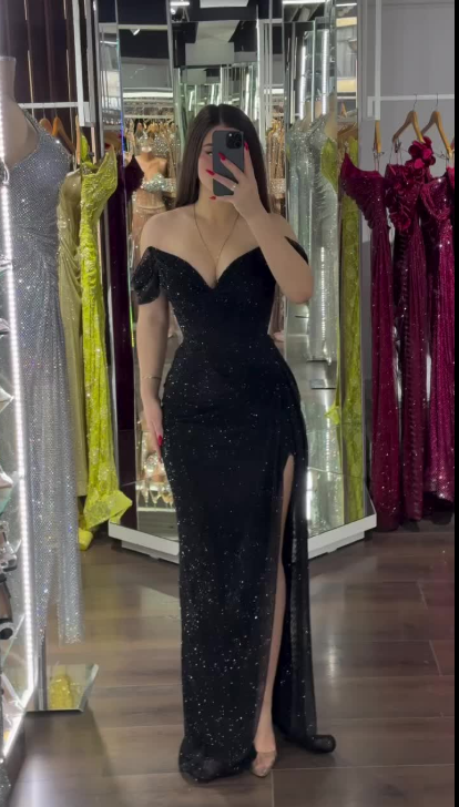Sexy Black Sheath Long Prom Dresses Tulle Off-shoulder Evening Dresses Sleeveless Formal Dresses EP06035
