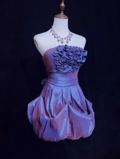 Chic Purple Sheath Short Prom Dresses Satin Strapless Evening Dresses Sleeveless Christmas Dresses EP06037