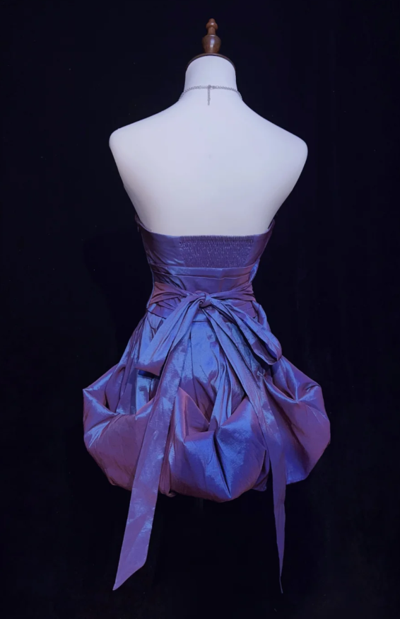 Chic Purple Sheath Short Prom Dresses Satin Strapless Evening Dresses Sleeveless Christmas Dresses EP06037