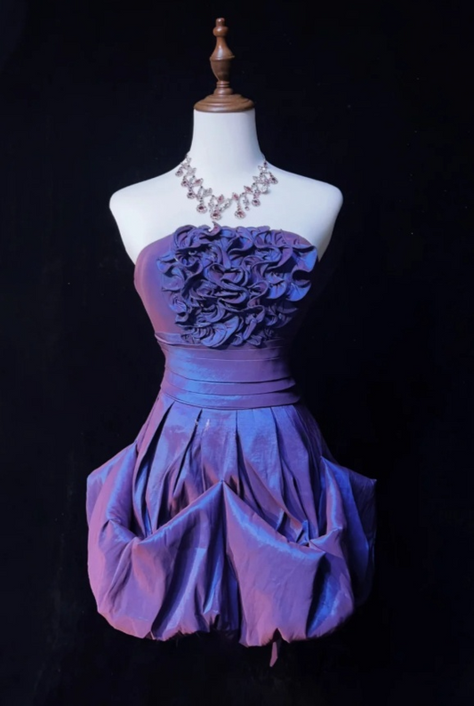 Chic Purple Sheath Short Prom Dresses Satin Strapless Evening Dresses Sleeveless Christmas Dresses EP06037