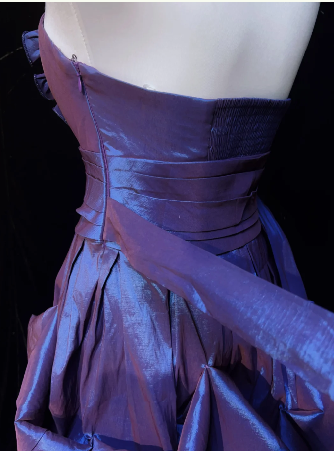 Chic Purple Sheath Short Prom Dresses Satin Strapless Evening Dresses Sleeveless Christmas Dresses EP06037