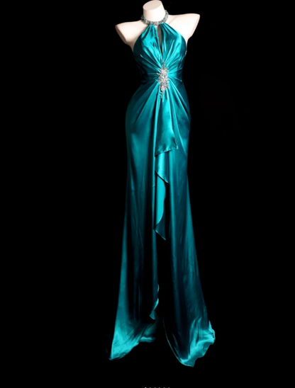 Sexy Jade Sheath Long Prom Dresses Satin Halter Evening Dresses Sleeveless Party Dresses EP06039