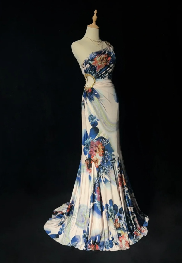 Sexy Sheath Long Prom Dresses Floral Chiffon One-shoulder Evening Dresses Sleeveless Party Dresses EP06040