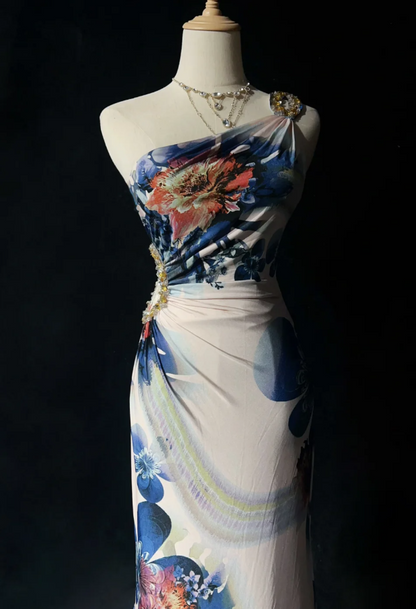 Robes d'anniversaire élégantes bleu dégradé, col en V, paillettes, mousseline, fourreau, robes de bal, robes de soirée ED04456