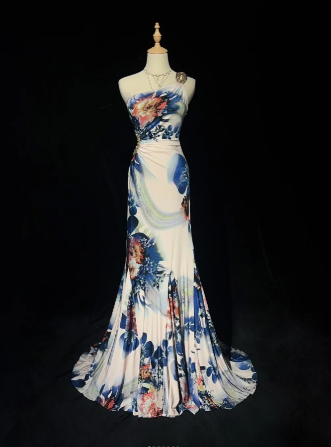 Sexy Sheath Long Prom Dresses Floral Chiffon One-shoulder Evening Dresses Sleeveless Party Dresses EP06040