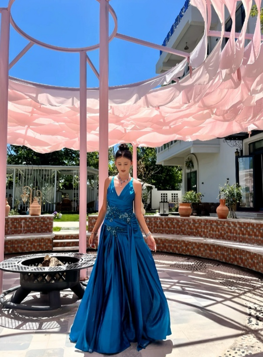 Chic Blue Long Prom Dresses Sheath V-Neck Birthday Dresses Silk Sleeveless Evening Dresses EP06043