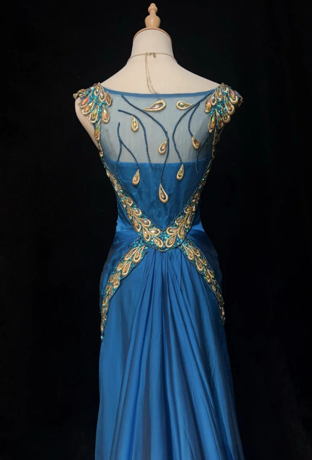 Chic Blue Long Prom Dresses Sheath Straps Birthday Dresses Beaded Satin Sleeveless Evening Dresses EP06044