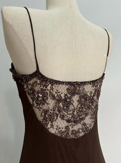 Chic Brown Long Prom Dresses Sheath Spaghetti Straps Birthday Dresses Beaded Chiffon Sleeveless Evening Dresses EP06044