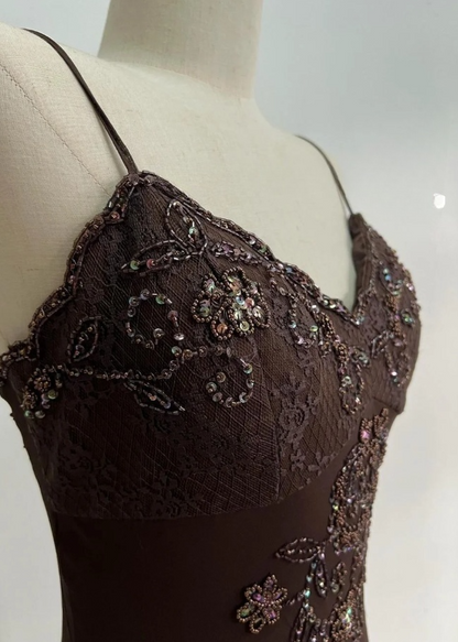Chic Brown Long Prom Dresses Sheath Spaghetti Straps Birthday Dresses Beaded Chiffon Sleeveless Evening Dresses EP06044