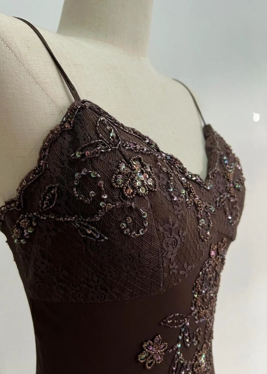 Chic Brown Long Prom Dresses Sheath Spaghetti Straps Birthday Dresses Beaded Chiffon Sleeveless Evening Dresses EP06044