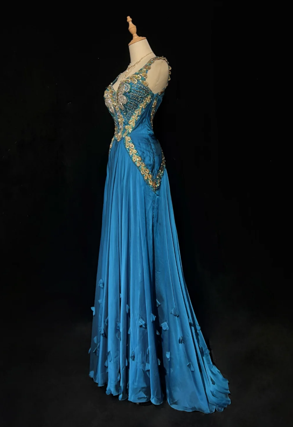 Chic Blue Long Prom Dresses Sheath Straps Birthday Dresses Beaded Satin Sleeveless Evening Dresses EP06044