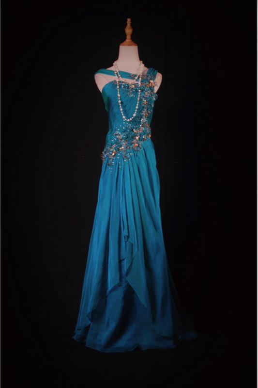 Chic Blue Long Prom Dresses Sheath Irregular Collar Birthday Dresses Beaded Satin Sleeveless Evening Dresse EP06045