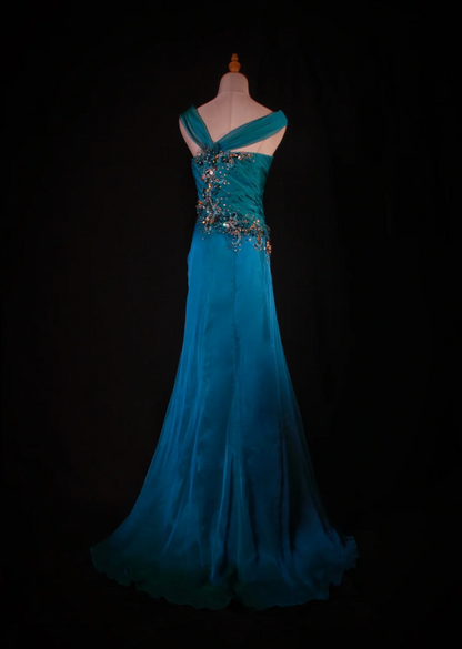 Chic Blue Long Prom Dresses Sheath Irregular Collar Birthday Dresses Beaded Satin Sleeveless Evening Dresse EP06045