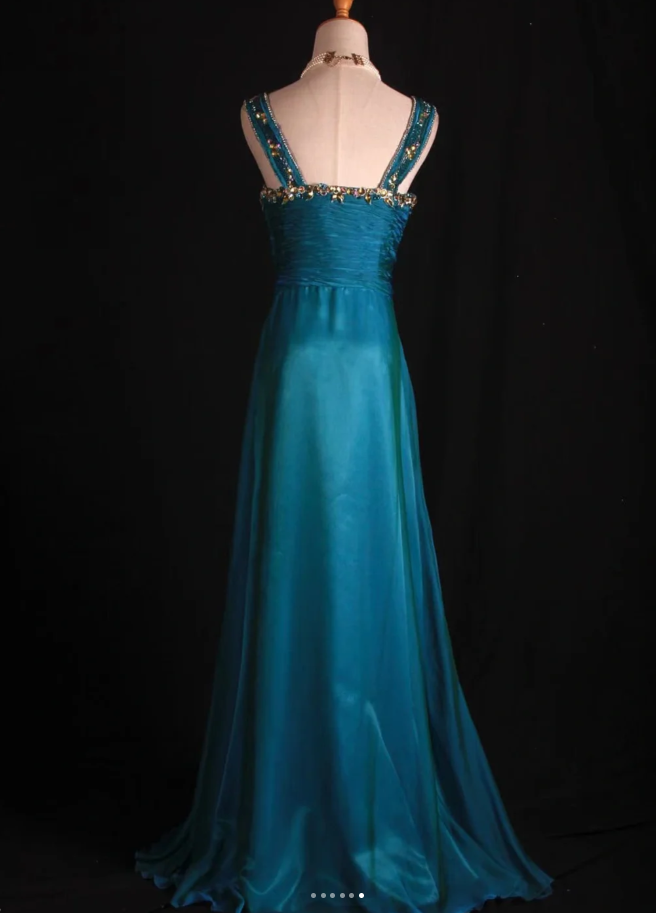 Chic Blue Long Prom Dresses Sheath V-neck Birthday Dresses Beaded Satin Sleeveless Evening Dress EP06046
