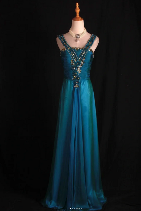 Chic Blue Long Prom Dresses Sheath V-neck Birthday Dresses Beaded Satin Sleeveless Evening Dress EP06046