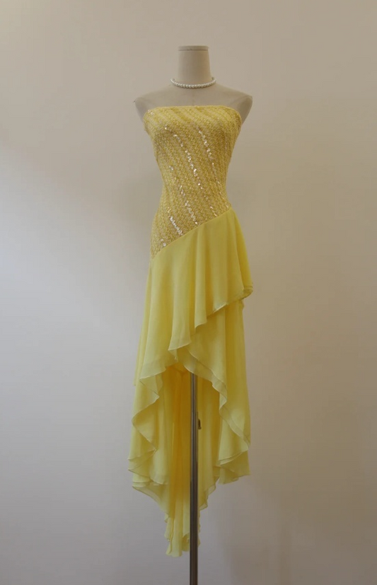 Chic Yellow Long Prom Dresses Sheath Strapless Birthday Dresses Beaded Chiffon Sleeveless Evening Dresses EP06047