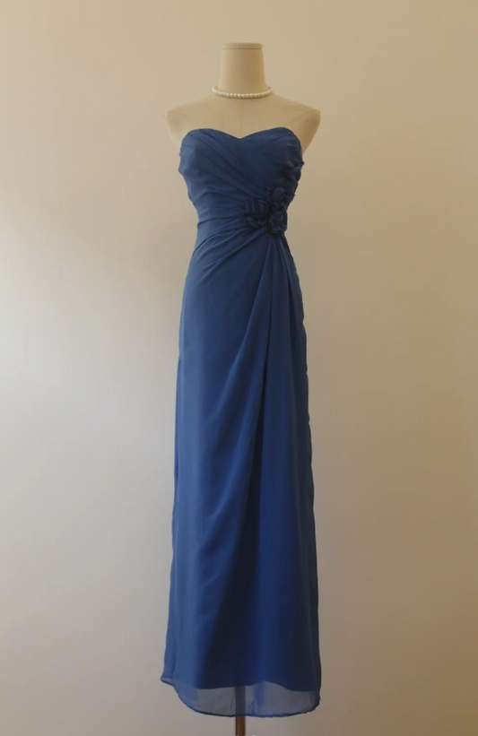 Chic Blue Long Prom Dresses Sheath Strapless Birthday Dresses Chiffon Sleeveless Evening Dresses EP06048