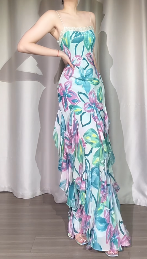 Chic Floral Long Prom Dresses Sheath Spaghetti Straps Birthday Dresses Chiffon Sleeveless Evening Dresses EP06049