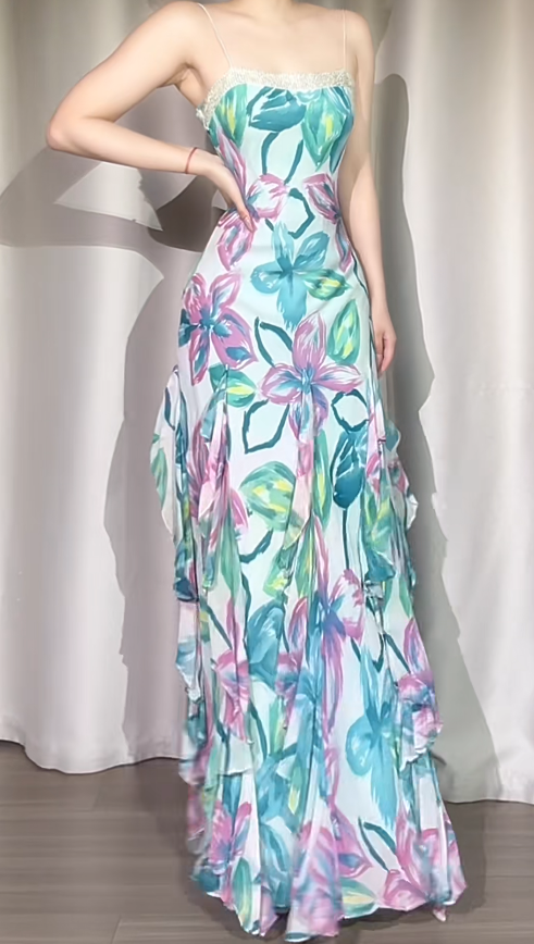 Chic Floral Long Prom Dresses Sheath Spaghetti Straps Birthday Dresses Chiffon Sleeveless Evening Dresses EP06049