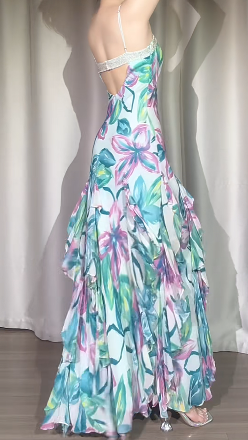 Chic Floral Long Prom Dresses Sheath Spaghetti Straps Birthday Dresses Chiffon Sleeveless Evening Dresses EP06049