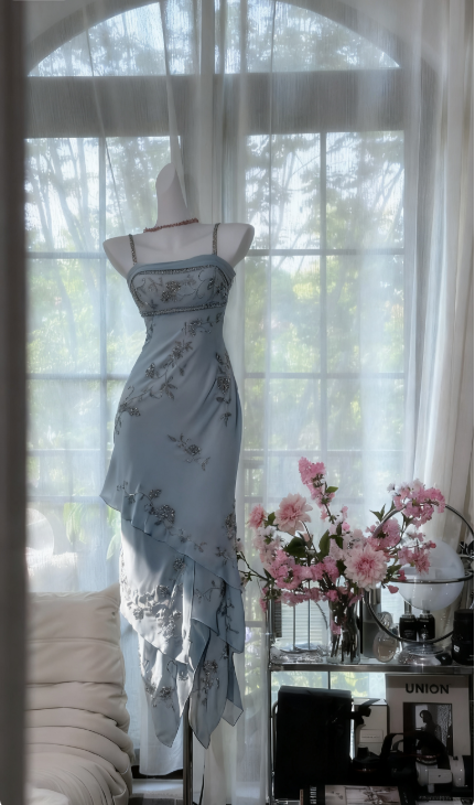 Vintage Spaghetti Straps Sheath Long Prom Dresses Chiffon Beaded Green Formal Dresses EP06060