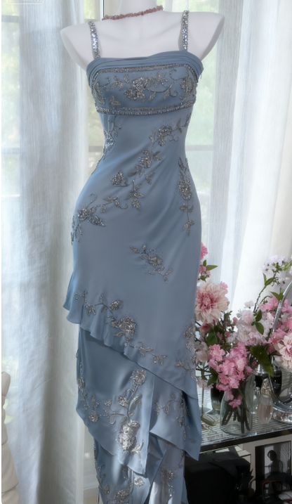 Vintage Spaghetti Straps Sheath Long Prom Dresses Chiffon Beaded Green Formal Dresses EP06060
