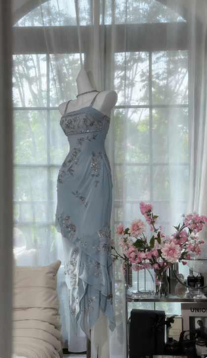 Vintage Spaghetti Straps Sheath Long Prom Dresses Chiffon Beaded Green Formal Dresses EP06060