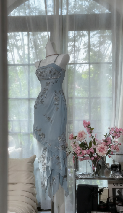 Vintage Spaghetti Straps Sheath Long Prom Dresses Chiffon Beaded Green Formal Dresses EP06060