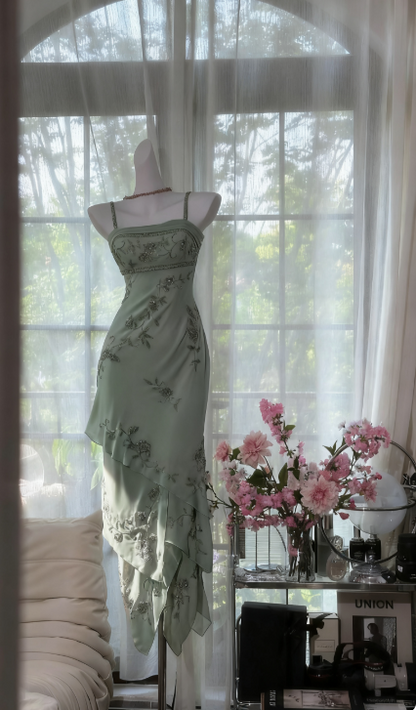 Vintage Spaghetti Straps Sheath Long Prom Dresses Chiffon Beaded Green Formal Dresses EP06060