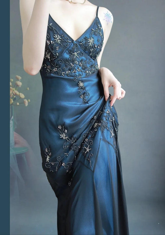 Chic Blue Long Prom Dresses Sheath Spaghetti Straps Birthday Dresses Chiffon Beaded Satin Sleeveless Evening Dresses EP06062