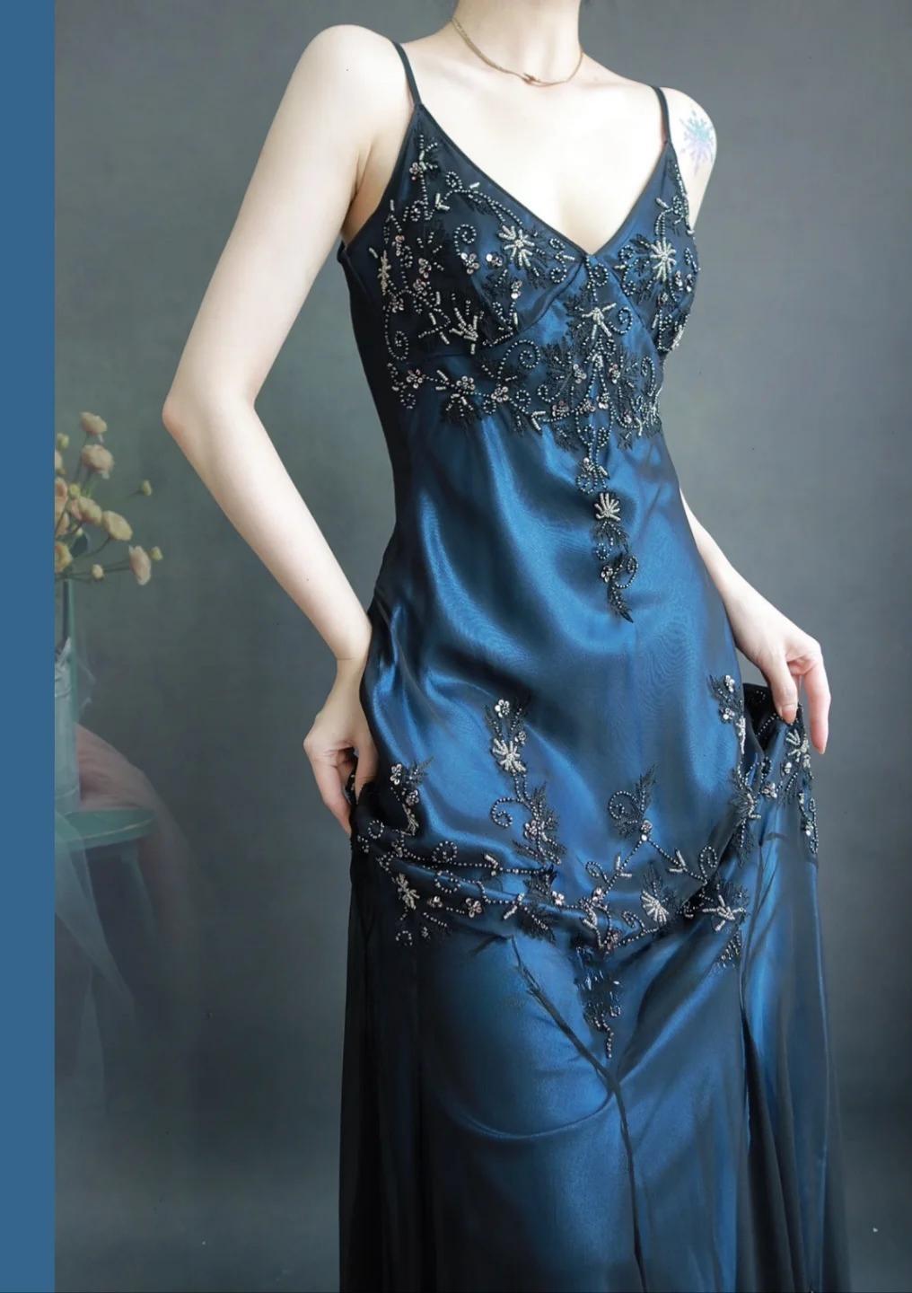 Chic Blue Long Prom Dresses Sheath Spaghetti Straps Birthday Dresses Chiffon Beaded Satin Sleeveless Evening Dresses EP06062