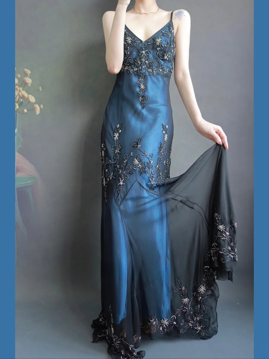 Chic Blue Long Prom Dresses Sheath Spaghetti Straps Birthday Dresses Chiffon Beaded Satin Sleeveless Evening Dresses EP06062