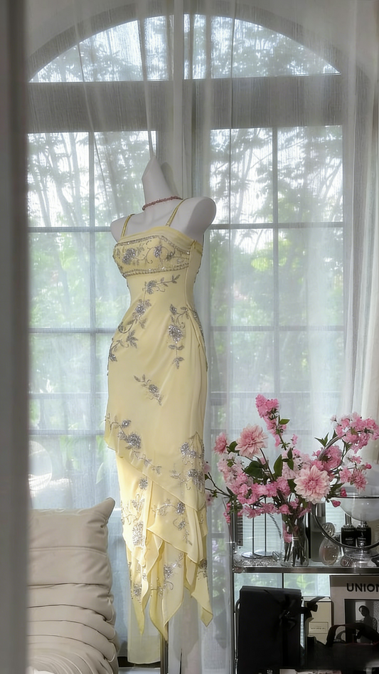 Chic Yellow Long Prom Dresses Sheath Spaghetti Straps Birthday Dresses Chiffon Beaded Sleeveless Evening Dresses EP06063