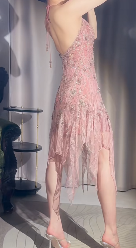 Fairy Pink Short Prom Dresses Sheath Sapghetti Straps Birthday Dresses Lace Beaded Sleeveless Evening Dresses EP06065