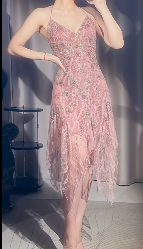 Fairy Pink Short Prom Dresses Sheath Sapghetti Straps Birthday Dresses Lace Beaded Sleeveless Evening Dresses EP06065