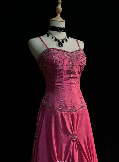 Fairy Hot Pink Long Prom Dresses Sheath Sapghetti Straps Birthday Dresses Beaded Satin Sleeveless Evening Dresses EP06067