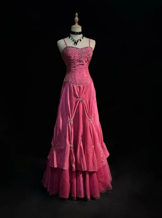 Fairy Hot Pink Long Prom Dresses Sheath Sapghetti Straps Birthday Dresses Beaded Satin Sleeveless Evening Dresses EP06067