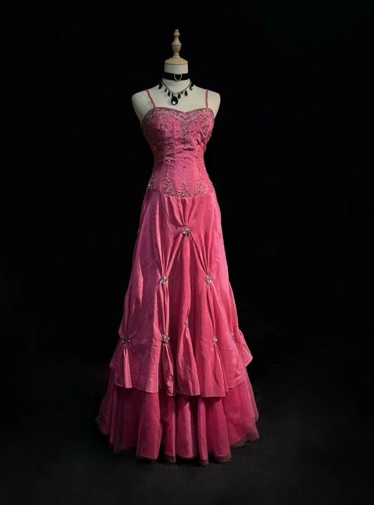 Fairy Hot Pink Long Prom Dresses Sheath Sapghetti Straps Birthday Dresses Beaded Satin Sleeveless Evening Dresses EP06067