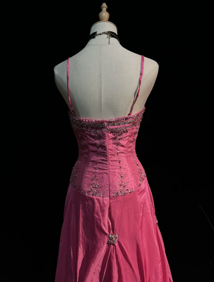 Fairy Hot Pink Long Prom Dresses Sheath Sapghetti Straps Birthday Dresses Beaded Satin Sleeveless Evening Dresses EP06067