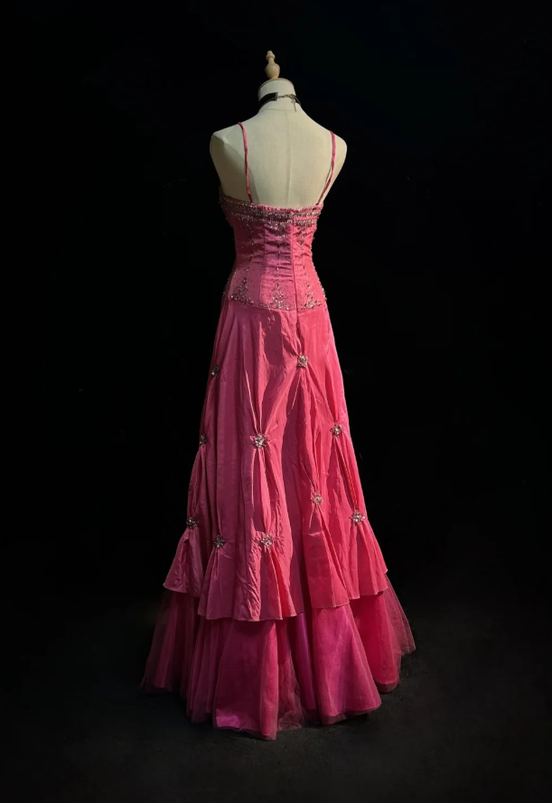 Fairy Hot Pink Long Prom Dresses Sheath Sapghetti Straps Birthday Dresses Beaded Satin Sleeveless Evening Dresses EP06067