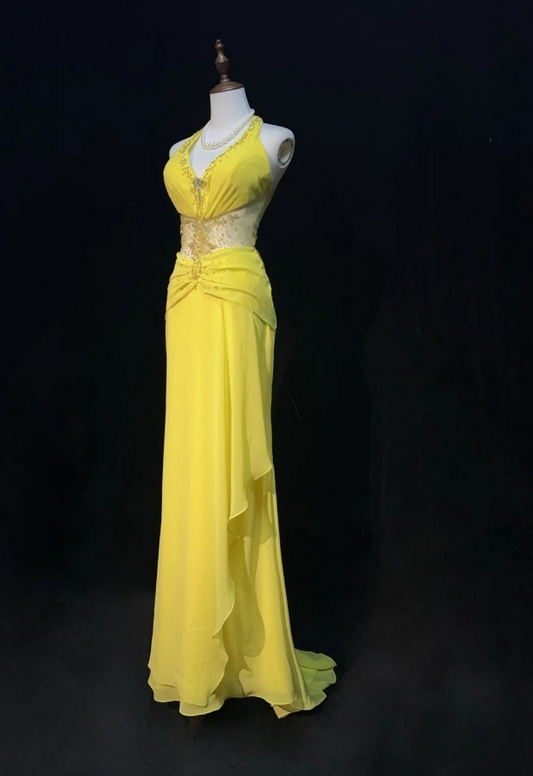 Fairy Yellow Long Prom Dresses Sheath V-neck Birthday Dresses Beaded Chiffon Sleeveless Evening Dresses EP06068