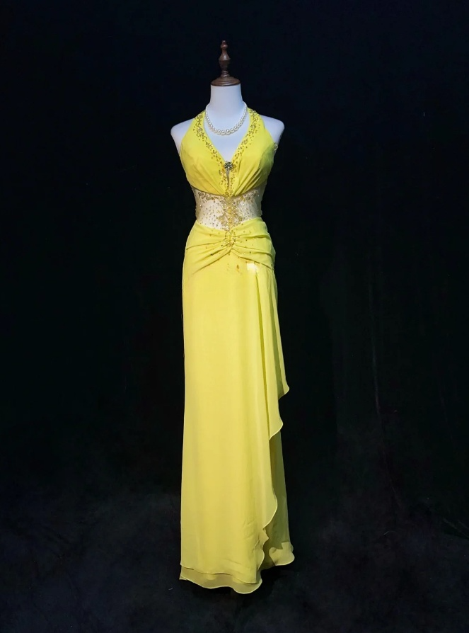 Fairy Yellow Long Prom Dresses Sheath V-neck Birthday Dresses Beaded Chiffon Sleeveless Evening Dresses EP06068