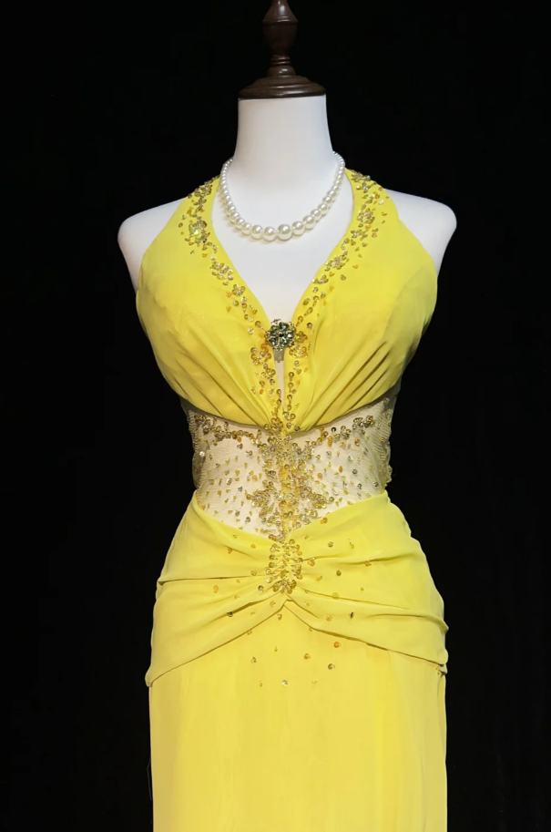 Fairy Yellow Long Prom Dresses Sheath V-neck Birthday Dresses Beaded Chiffon Sleeveless Evening Dresses EP06068