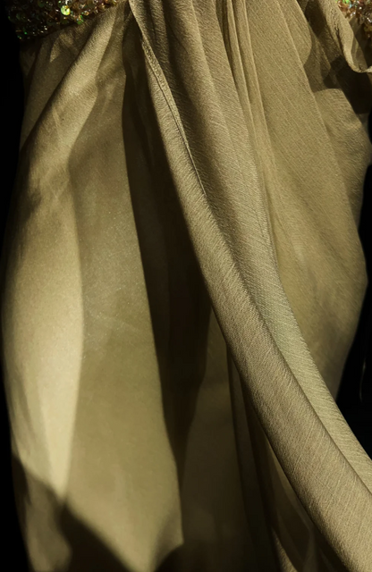 Fairy Olive Green Long Prom Dresses One-shouder Sheath Evening Dresses Silk Sleeveless Wedding Guest Dresses EP06069