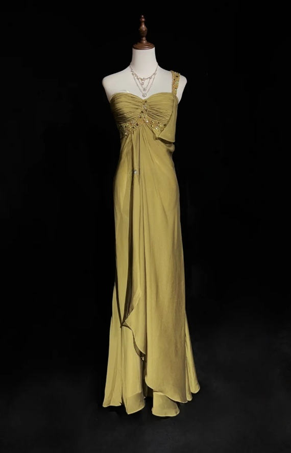 Fairy Olive Green Long Prom Dresses One-shouder Sheath Evening Dresses Silk Sleeveless Wedding Guest Dresses EP06069