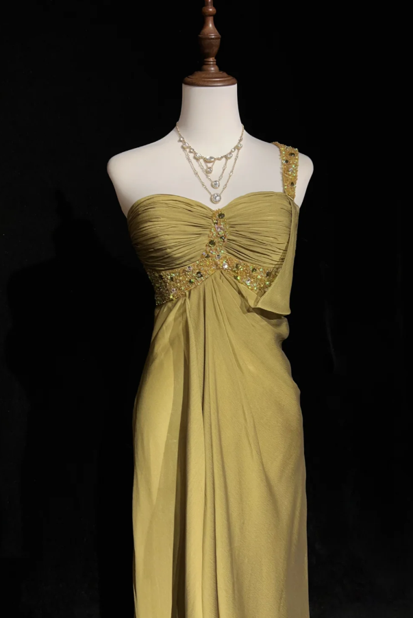 Fairy Olive Green Long Prom Dresses One-shouder Sheath Evening Dresses Silk Sleeveless Wedding Guest Dresses EP06069